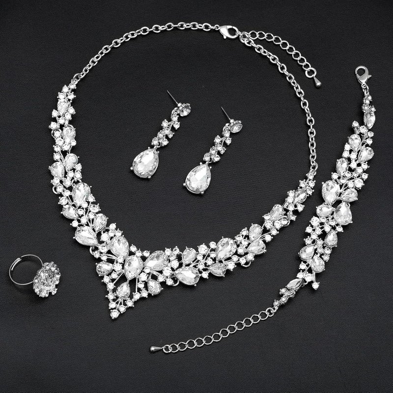 CSY 4 Pcs/Set Austrian Crystal Necklace Earrings Bracelet Ring Bridal Jewelry Sets for Brides Wedding Party Costume Accessories Gifts for Women - Image 4